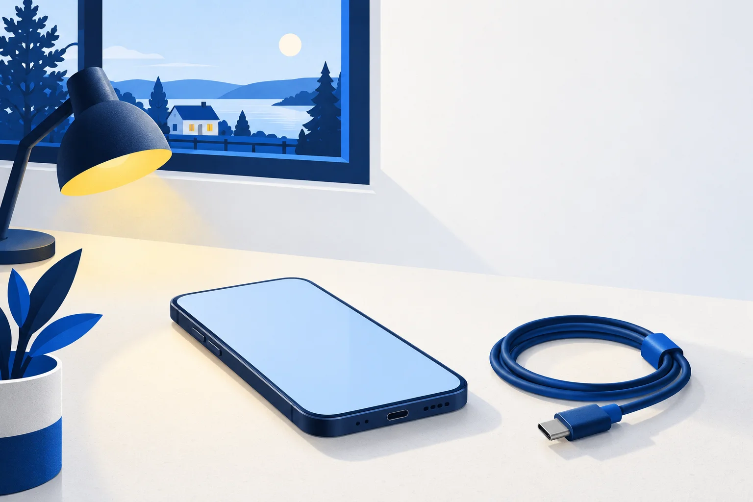 Editorial illustration of a phone and charging cable on a desk near a rural home.