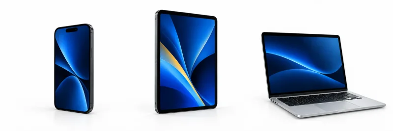 Illustrative phone, tablet and laptop with blue screens