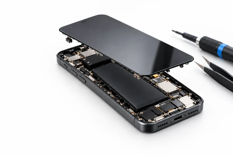 Illustration of an opened smartphone with its display lifted above its components