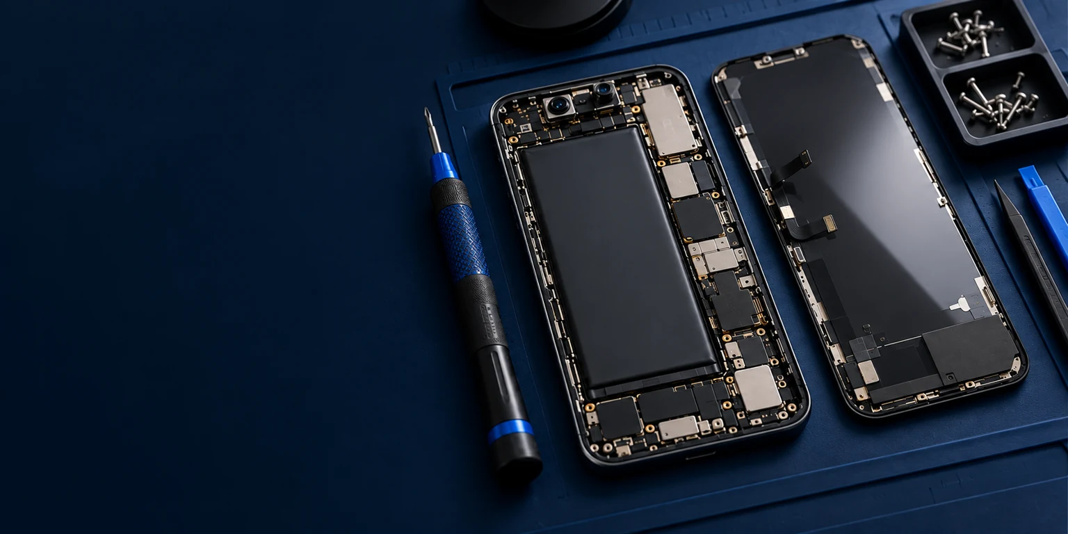 Illustrative opened smartphone and repair tools on a navy work mat